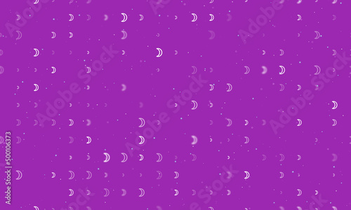 Seamless background pattern of evenly spaced white moon astrological symbols of different sizes and opacity. Vector illustration on purple background with stars
