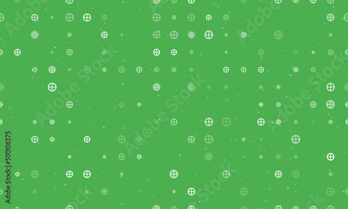 Seamless background pattern of evenly spaced white astrological earth symbols of different sizes and opacity. Vector illustration on green background with stars