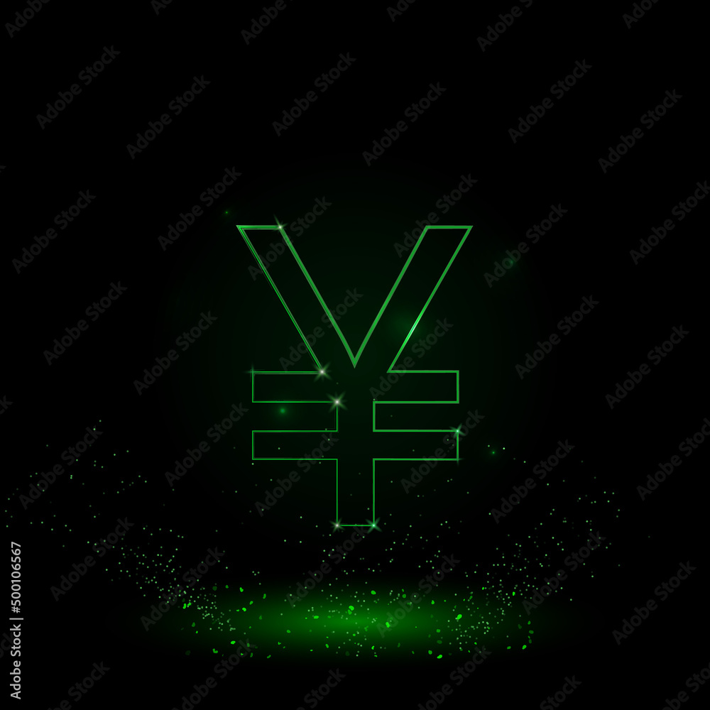 Fototapeta premium A large green outline yuan symbol on the center. Green Neon style. Neon color with shiny stars. Vector illustration on black background