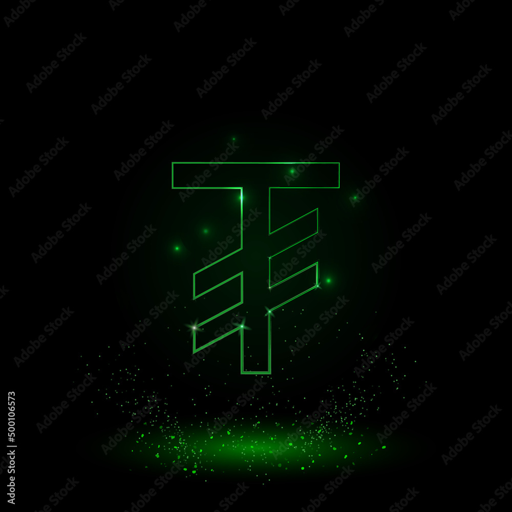 A large green outline tugrik symbol on the center. Green Neon style. Neon color with shiny stars. Vector illustration on black background