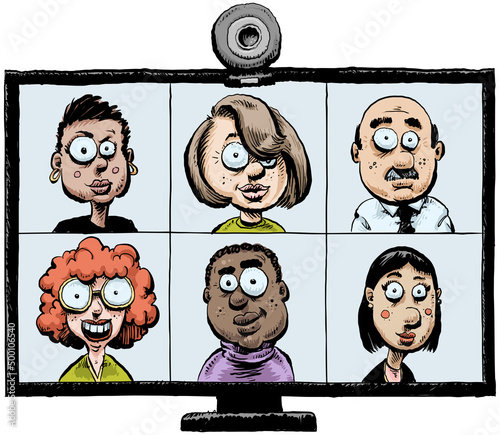 Cartoon of a group of men and women on a computer monitor screen showing them meeting in an online video conference call.