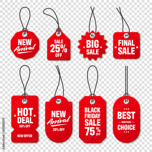 Realistic red price tags collection. Special offer or shopping discount label. Retail paper sticker. Promotional sale badge with text. Vector illustration. photo