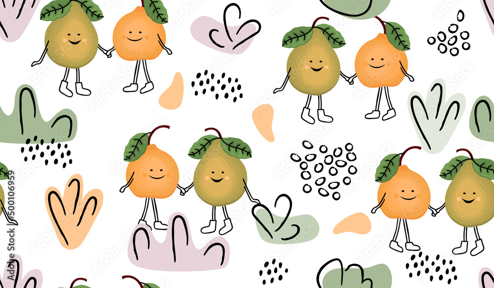 Fototapeta premium Seamless pattern with pears in cartoon style and doodle elements.Smiling fruit characters with legs and handles. Background and texture for printing on fabric and paper.Vector isolated illustration.
