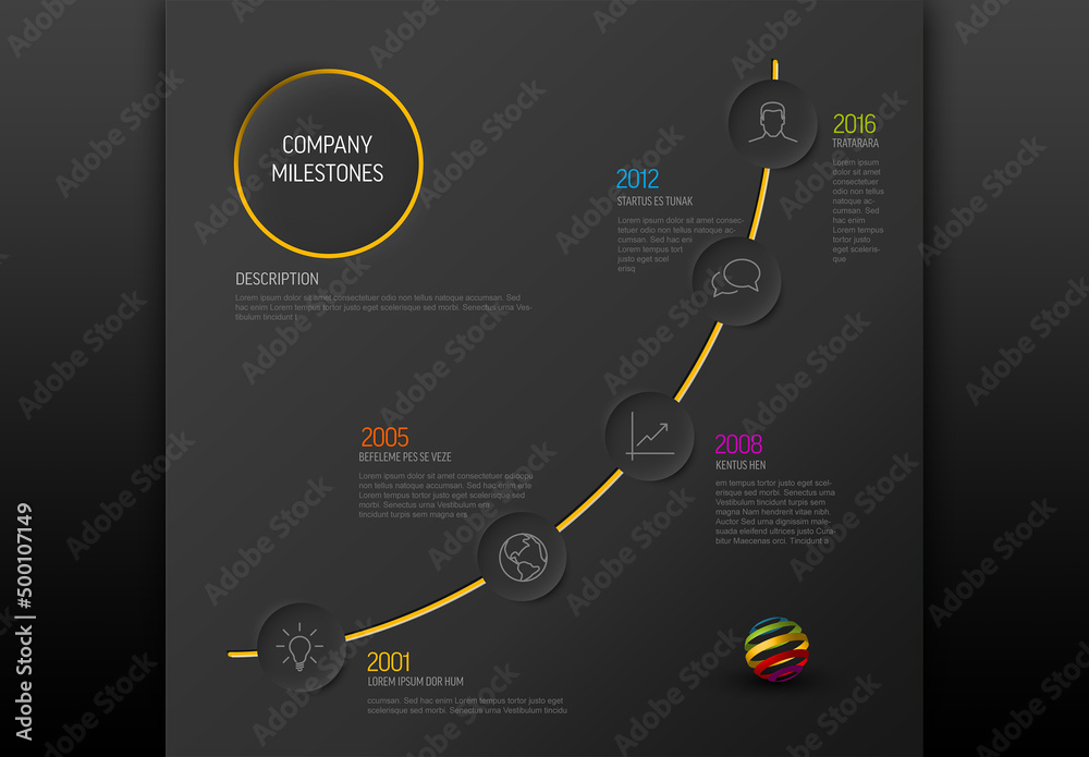 infographic dark vertical timeline template design... Dark Infographic Diagonal Timeline Layout with Relief Circle Icons ...