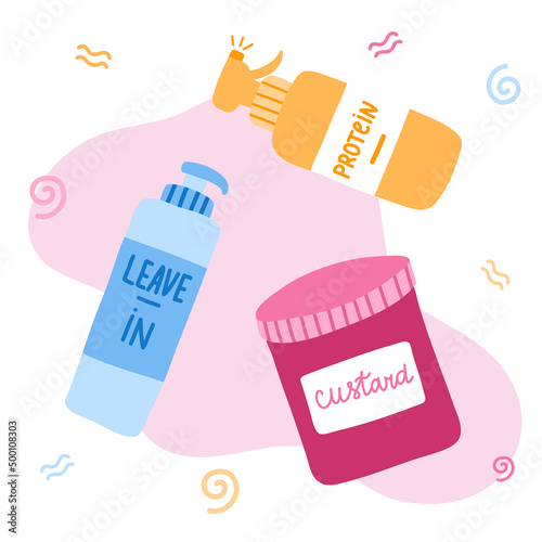 Set with cosmetic products for Curly Girl Method. Beauty bottles for conditioning kinky, frizz hair. Right cosmetics for healthy treatment of curly, wave hair. Cute, bright clipart. Hand drawn vector