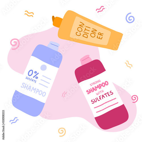 Set with products for clarifying wavy hair for Curly Girl Method. Soft sulfate free shampoo, strong with sulfates, conditioner. Cosmetics for healthy treatment of curly, wave hair. Hand drawn vector.