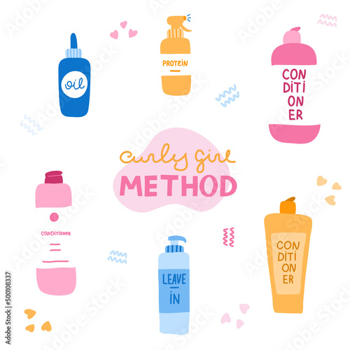 Set with cosmetic products for Curly Girl Method. Beauty bottles for conditioning kinky, frizz hair. Right cosmetics for healthy treatment of curly, wave hair. Cute, bright clipart. Hand drawn vector
