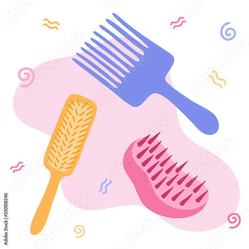 Set with different combs for Curly Girl Method. Beauty accessories for care kinky, frizz hair. Right accessories for healthy treatment of curly, wave hair. Cute, bright clipart. Hand drawn vector