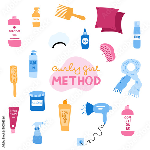 Big set with cosmetic products for Curly Girl Method. Accessories and bottles for cleansing, conditioning, styling kinky hair. Cosmetics for healthy curly, wave hair. Cute clipart. Hand drawn vector.