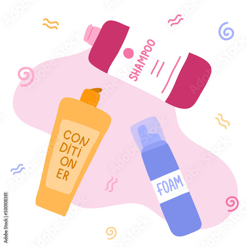 Set with cosmetic products for Curly Girl Method. Beauty bottles for cleansing, conditioning, styling kinky, frizz hair. Right cosmetics for healthy curly, wave hair. Cute clipart. Hand drawn vector.