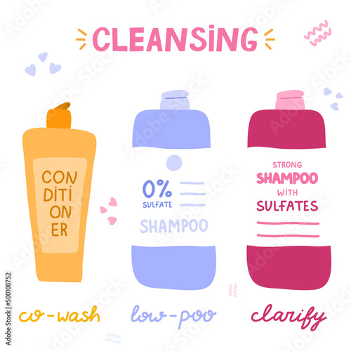 Concept of cleansing by Curly Girl Method. Different types of cosmetic products for clarifying curly, wavy hair. Soft sulfate free shampoo, strong bottle with sulfates, conditioner. Co-wash, low-poo.