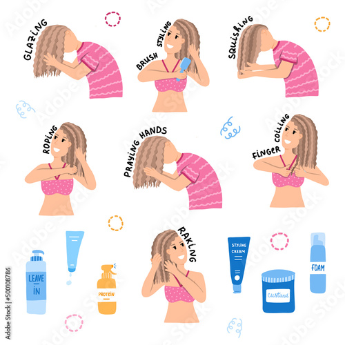 Set of different ways for putting styling and conditioning products for Curly Girl Method and cosmetic bottles (leave in, protein, cream, foam, gel, custard). Hair care process for curls and waves.