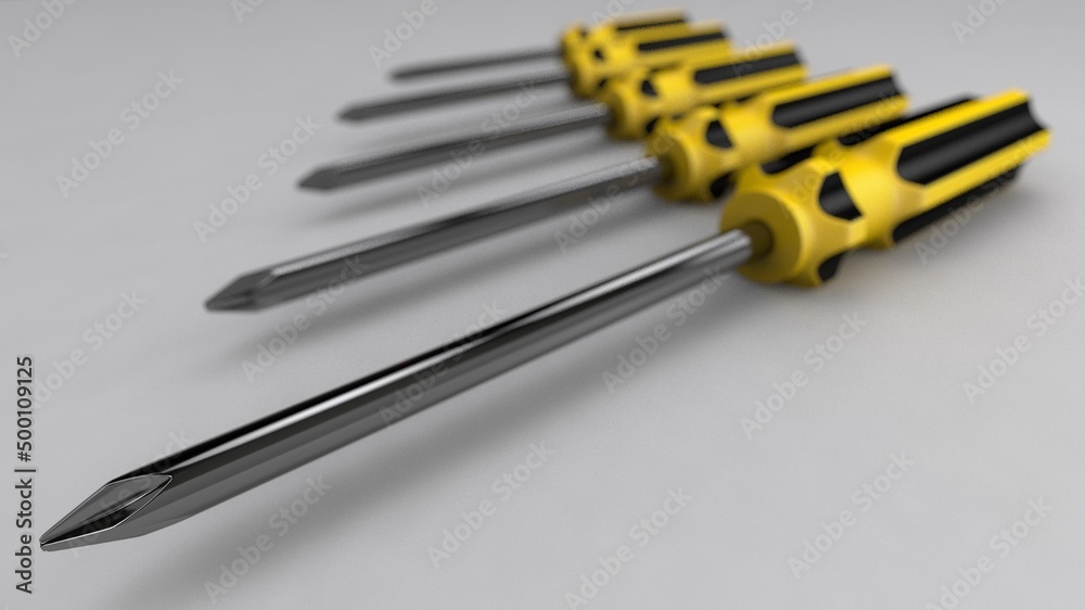 3d illustration. A beautiful view of yellow screwdriver on a gray blackground. Work tool for repair and fix.