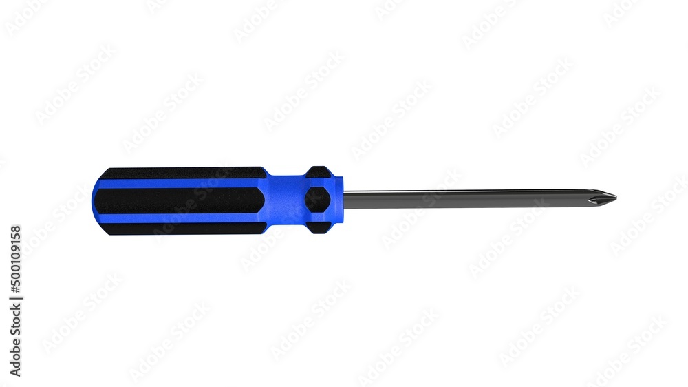 3d illustration. A beautiful view of blue screwdriver on a white blackground. Work tool for repair and fix. 3d illustration. A beautiful view of blue screwdriver on a white blackground. Work tool for repair and fix.