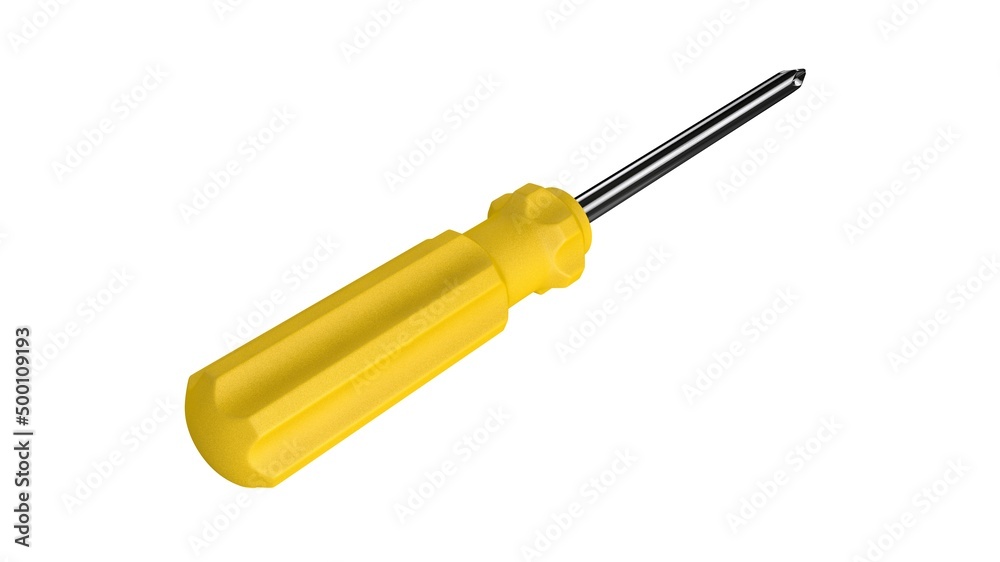 3d illustration. A beautiful view of yellow screwdriver on a white blackground. Work tool for repair and fix. 3d illustration. A beautiful view of yellow screwdriver on a white blackground. Work tool for repair and fix.