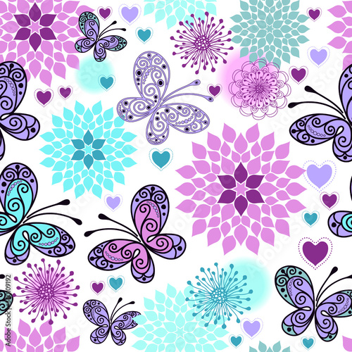 Seamless pattern with butterflies, hearts and flowers. on a transparent background. Vector eps 10 Valentine. 