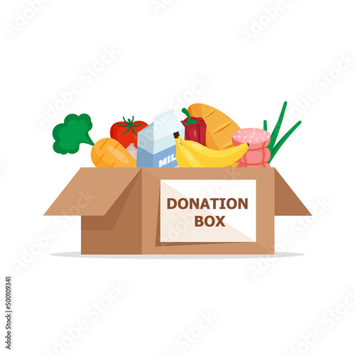 Food and grocery donation concept. Charity, food donation for needy people. Volunteering donate with nutrition products. Vector flat illustration .