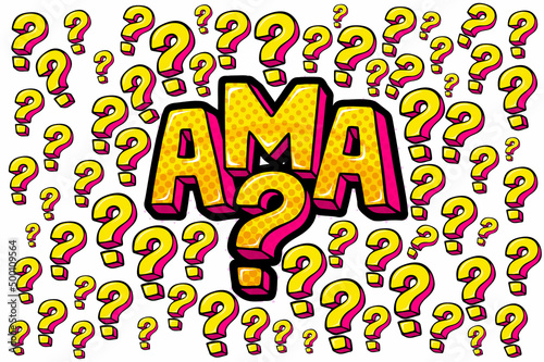 Abbreviation ama Ask me anything in retro comic speech bubble on white background in pop art.