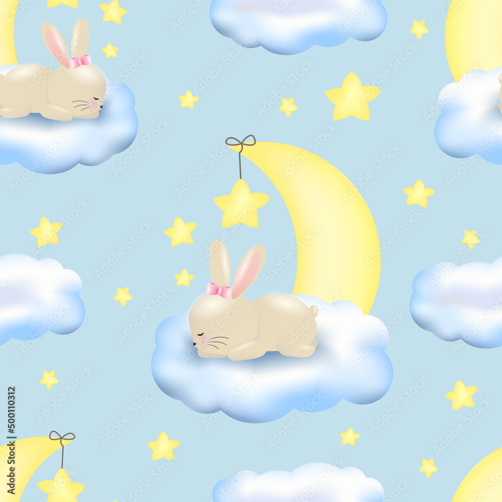 bunny sleeping on the cloud, cute baby seamless pattern