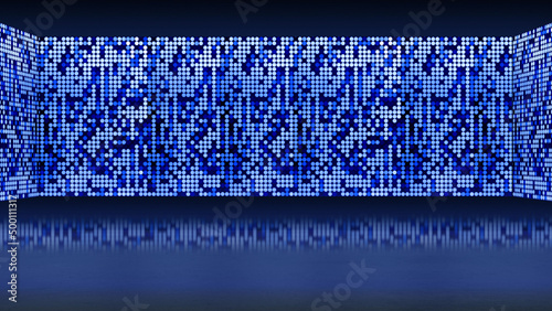 3D rendering abstract background, glowing dots, screen pixels, neon lights, virtual reality, blue spectrum, vibrant colors, fashion podium, presentation laser show cyclorama of square elements shaped.