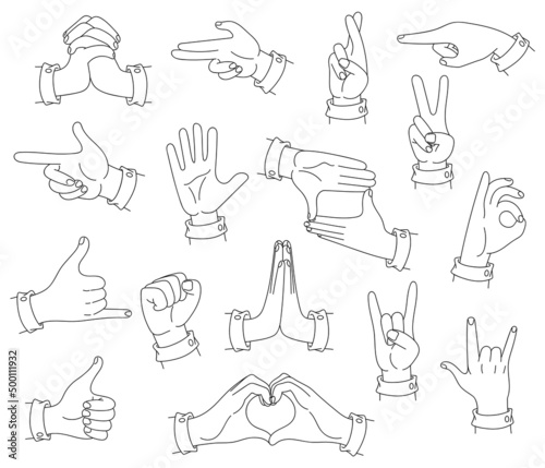 Big set of hands gestures. Vector line art.