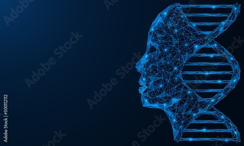 DNA spiral with a human face. Scientific genetic research. Genealogical information. Polygonal design of interconnected lines and points. Blue background.