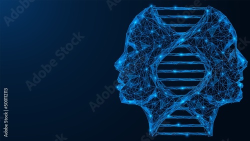 Genetic DNA test. Human genome research. A spiral with people's faces.  Polygonal design of interconnected lines and points. Blue background.