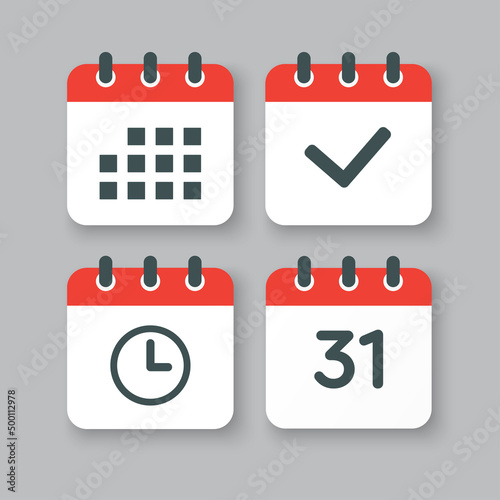 Icons calendar number 31, agenda app, timer, done