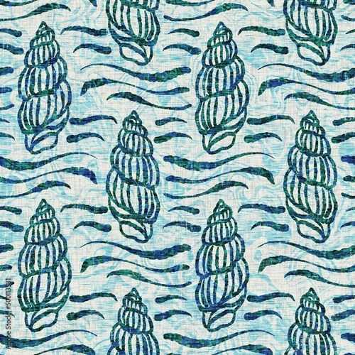 3D Fototapete Badezimmer - Fototapete Aegean Teal seashell nautical sealife seamless pattern. Grunge distress faded linen effect background for marine home decor fabric textiles. 