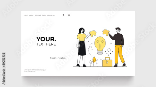 Team work concept, woman and man with puzzle. Business team concept landing page