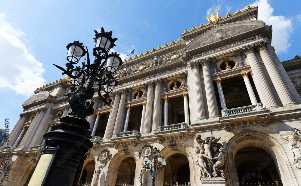 Front view of the Opera National de Paris. Grand Opera is famous neo-baroque building in Paris. Designed by Charles Garnier in 1875. Paris, France