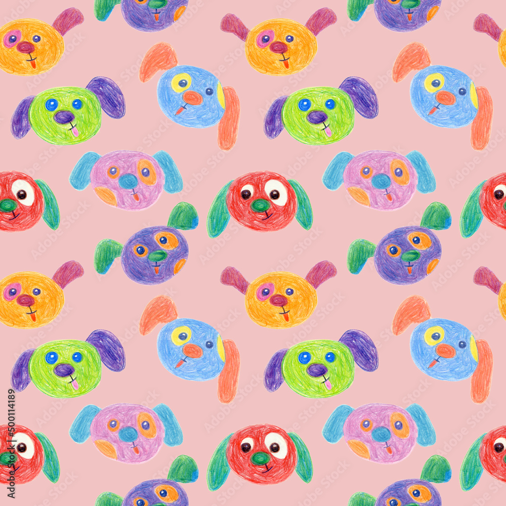 Seamless pattern of multicolored faces of Dogs drawn with wax crayons on a pink background. For fabric, sketchbook, wallpaper, wrapping paper. Seamless pattern of multicolored faces of Dogs drawn with wax crayons on a pink background. For fabric, sketchbook, wallpaper, wrapping paper.