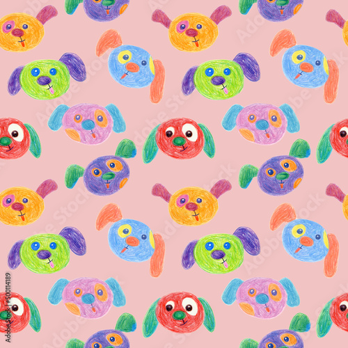 Seamless pattern of multicolored faces of Dogs drawn with wax crayons on a pink background. For fabric, sketchbook, wallpaper, wrapping paper.