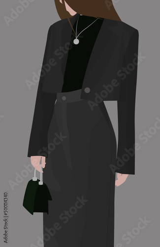 A girl in a suit and a dark turtleneck, with a small black handbag. Vector flat image of a lady in a cropped jacket and loose pants. Design for avatars, posters, backgrounds, templates, textiles.