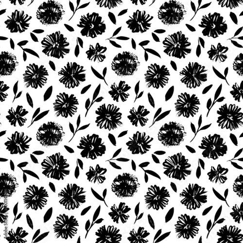 Brush black loose leaves and flowers vector seamless pattern. Hand drawn black paint ink illustration with abstract floral motif. Hand drawn painting for your fabric, wrapping paper, wallpaper design