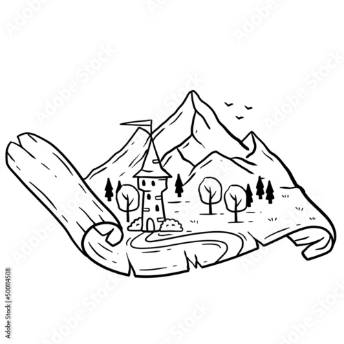 Tower on map. Fantasy landscape with mountains and forest. Old papyrus or parchment. Medieval castle. Outline cartoon illustration