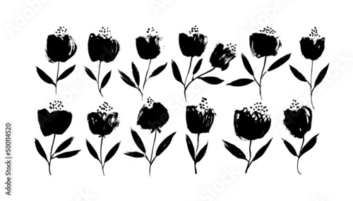 Spring flowers hand drawn vector set. Black brush flower silhouettes. Ink drawing wild plants, herbs or flowers, monochrome botanical illustration. Monochrome botanical cliparts isolated on white. 