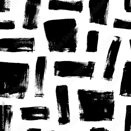 Abstract grunge squares and lines seamless pattern. Hand drawn modern geometric texture. Vector straight brush strokes. Vertical and horizontal rectangles ornament. Black and white grunge pattern