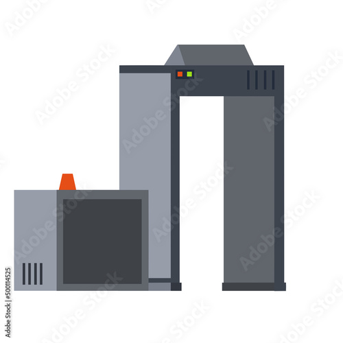 Metal detector. Safety frame. Checking dangerous items. Airport counterterrorism equipment. Modern technological gates and entrance. X-ray interoscope.