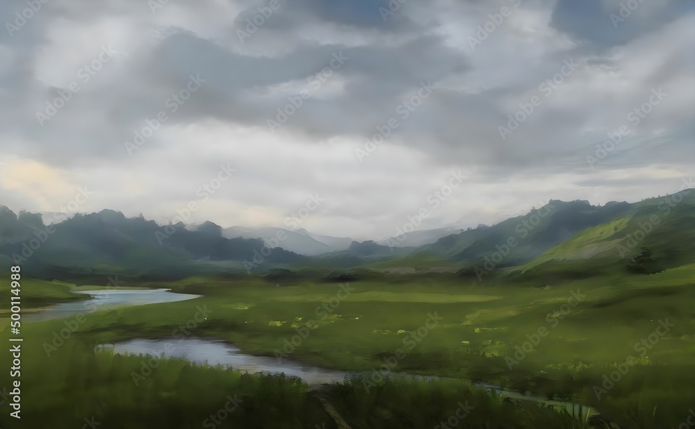 a painting of a mountain landscape with a river a painting of a mountain landscape with a river