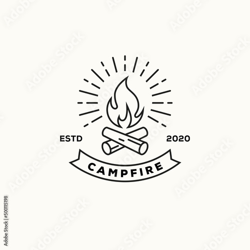 Campfire linear logo, emblem or label design.