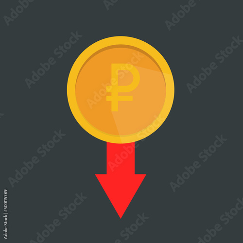 Russian ruble red downfall crisis of economy. Russian economy and national currency market crisis concept. Vector illustration.