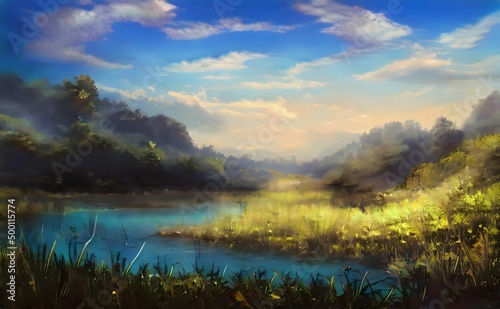 a painting of a lake surrounded by grass