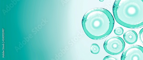 Sky blue abstract bubbles banner with copy space left.3d illustration micellar water. Reprodoctology, petrium dishes,oxygen molecules.Laboratory research and scientific.Transparent liquid, human eggs