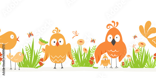 Vector border with insects and birds. Nature, birds, flowers and insects. Vector illustration is suitable for childrens postcards and books. photo