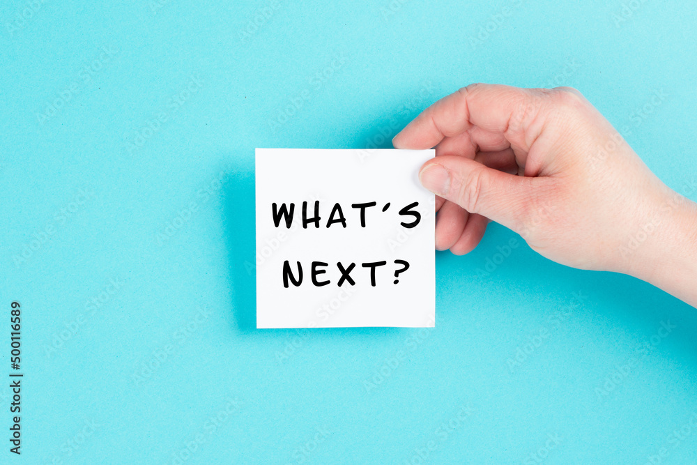 The phrase what´s next is standing on a cloud shaped paper, having new goals and strategies, making plans for future
The phrase what´s next is standing on a cloud shaped paper, having new goals and strategies, making plans for future