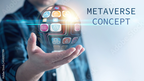 Metaverse Technology concepts. touching to virtual world, big data with internet connection for metaverse. Businessman using mobile smart phone, technology concept. computing, database, achievement..