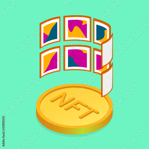 NFT non fungible token. Gold coin NFT and paintings. Crypto art investing concept. NFT art. Crypto art. NFT gallery. NFT marketplace. Vector illustration.