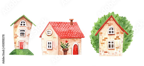 Watercolor illustration of summer houses with cake  strawberry  flowers and hearts.
