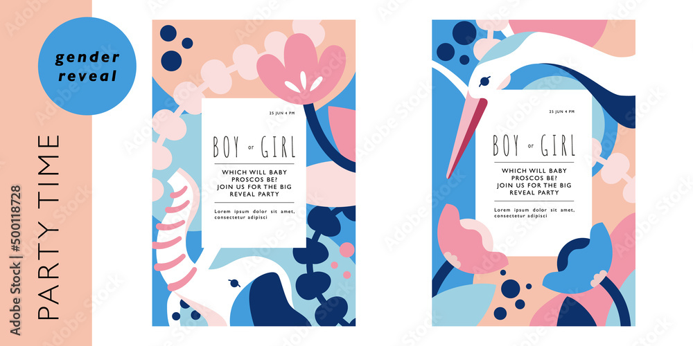 Set of templates for gender reveal party invitation. Vertical designs with crane and elephant on background of flowers. Vector illustration